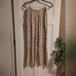 Floral Wide Leg Pants - Beige and Green. Boho. Artsy. Free Size.